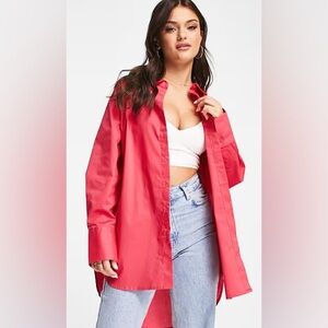 JDY Women's Longline Oversized Button Down Shirt in Raspberry Pink, Size 6